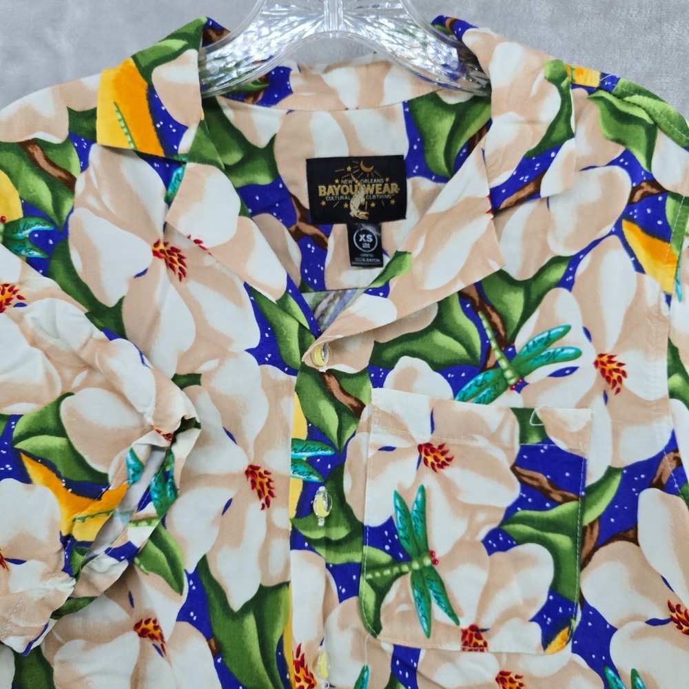 Bayou Wear Button Up Shirt Mens XS Multicolor Magnolia Dragonfly Jazz Fest Rayon